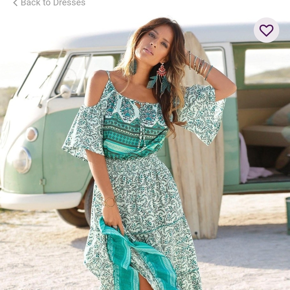 Boho Teal Cold Shoulder Maxi Dress